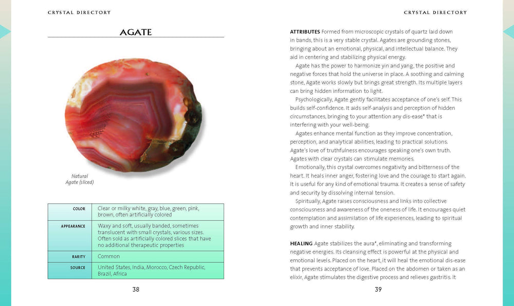 Interior page of The Crystal Bible by Judy Hall showing the Agate crystal entry with photo, description, and healing properties