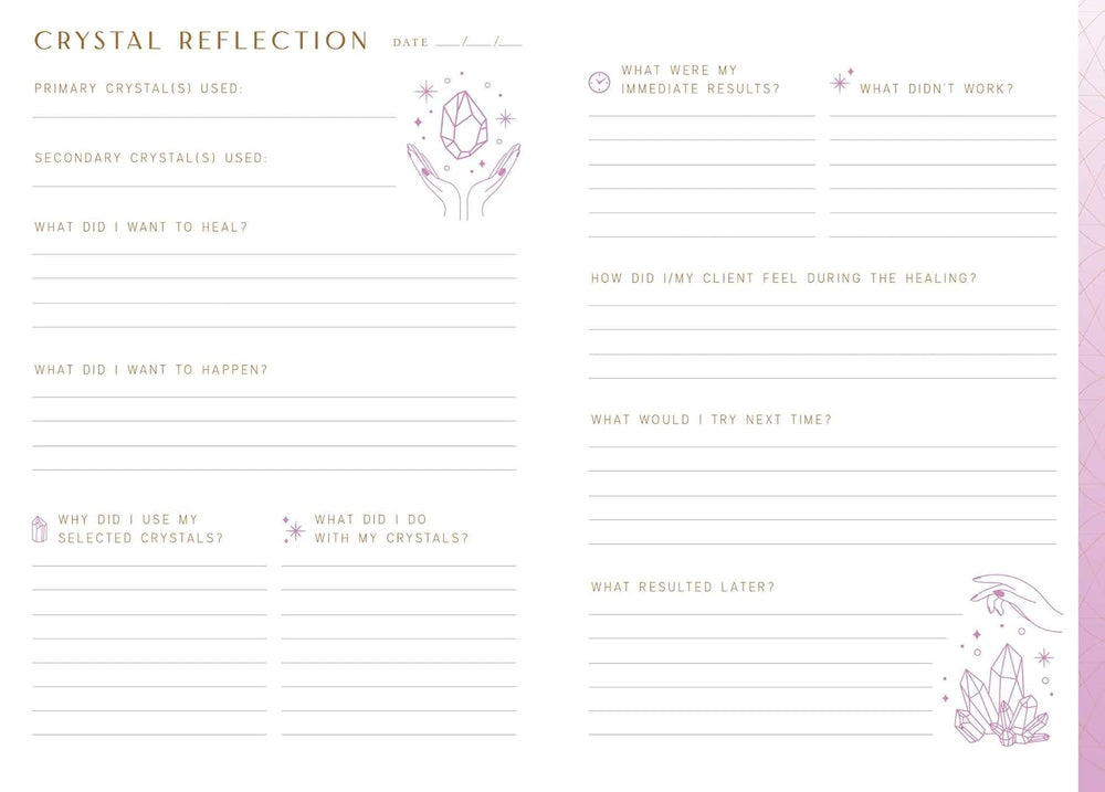 Crystal healing journal entry page with helpful reflection prompts and space for notes