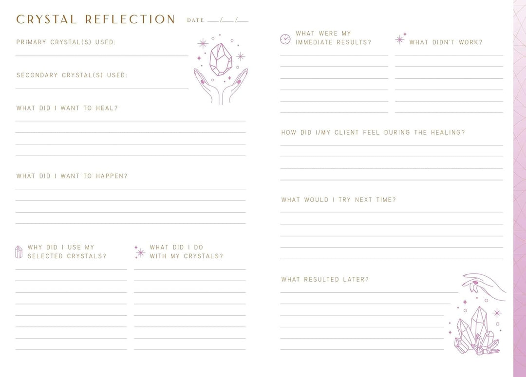 Crystal healing journal entry page with helpful reflection prompts and space for notes