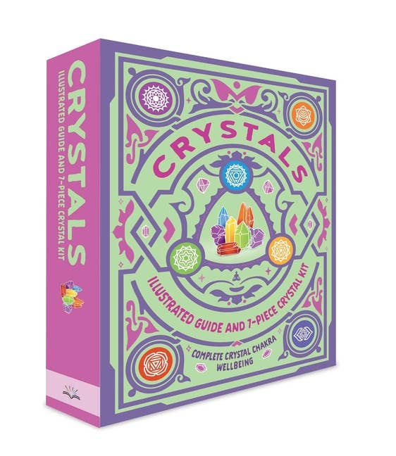 Crystal healing kit box with 7 chakra stones and 64-page illustrated guide for beginners