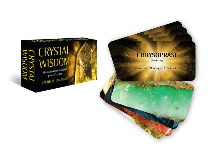 Crystal Wisdom mini oracle card deck and hinge-top box by Rachelle Charman showing Chrysoprase Nurturing card