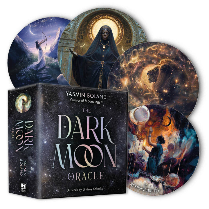 The Dark Moon Oracle by Yasmin Boland — box with 48 circular oracle cards fanned out