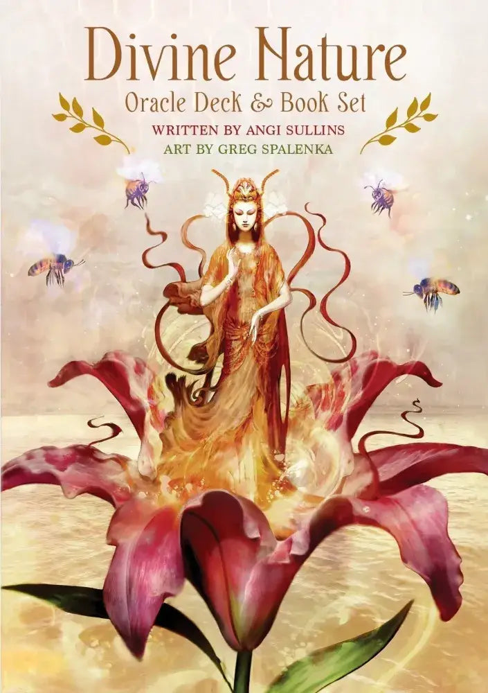 Divine Nature Oracle box cover — a golden goddess rising from a red lily surrounded by bees, art by Greg Spalenka, oracle by Angi Sullins