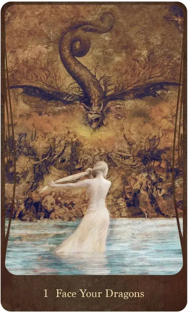 Divine Nature Oracle Card 1 — Face Your Dragons, featuring a woman in white wading into water with arms outstretched toward a great winged dragon in a fiery sky