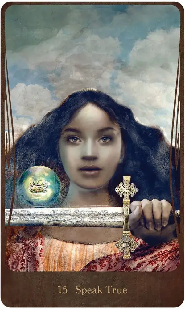 Divine Nature Oracle Card 15 — Speak True, featuring a dark-haired woman holding a jeweled sword with a crystal ball and ornate cross against a cloudy sky