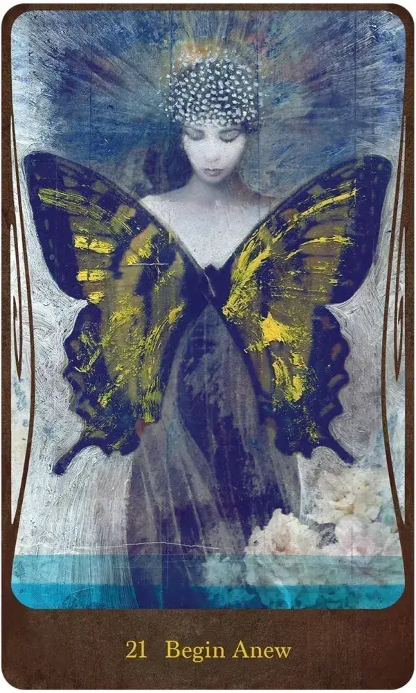 Begin Anew, featuring a luminous woman with a flower crown and large golden butterfly wings against a blue ethereal sky