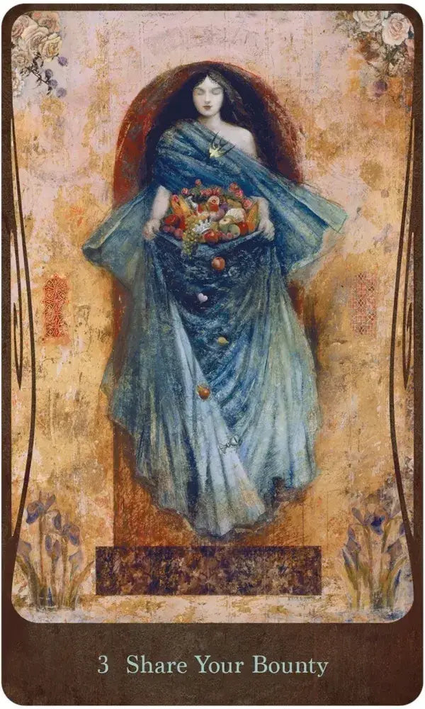 Divine Nature Oracle Card 3 — Share Your Bounty, featuring a goddess in blue robes cradling an abundance of fruit and flowers in a golden Pre-Raphaelite setting