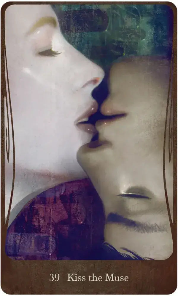 Divine Nature Oracle Card 39 — Kiss the Muse, featuring two figures leaning in to kiss in a dreamlike painterly close-up by Greg Spalenka