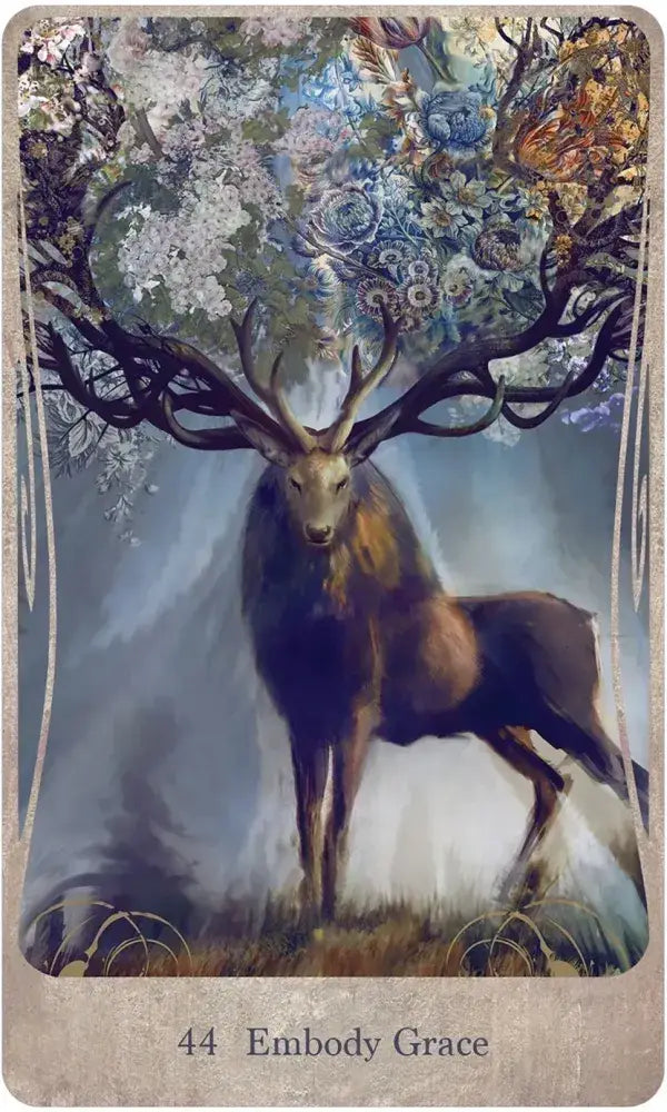Divine Nature Oracle Card 44 — Embody Grace, featuring a majestic stag with flowering tree antlers standing in a misty forest by Greg Spalenka
