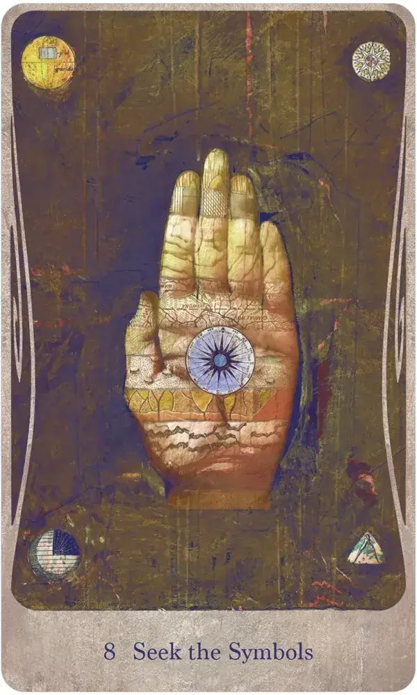 Divine Nature Oracle Card 8 — Seek the Symbols, featuring a golden hand with a compass rose in the palm against a dark textured background