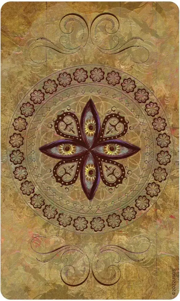 Divine Nature Oracle card back featuring a golden mandala with four eyes in a floral circle pattern on an aged gold foil background
