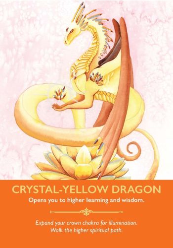 Crystal-Yellow Dragon card from Diana Cooper’s Dragon Oracle Cards, showing a yellow dragon with orange wings above a golden lotus.