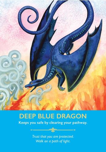Deep Blue Dragon card from Diana Cooper’s Dragon Oracle Cards, depicting a blue dragon breathing fire amid swirling clouds and flames.