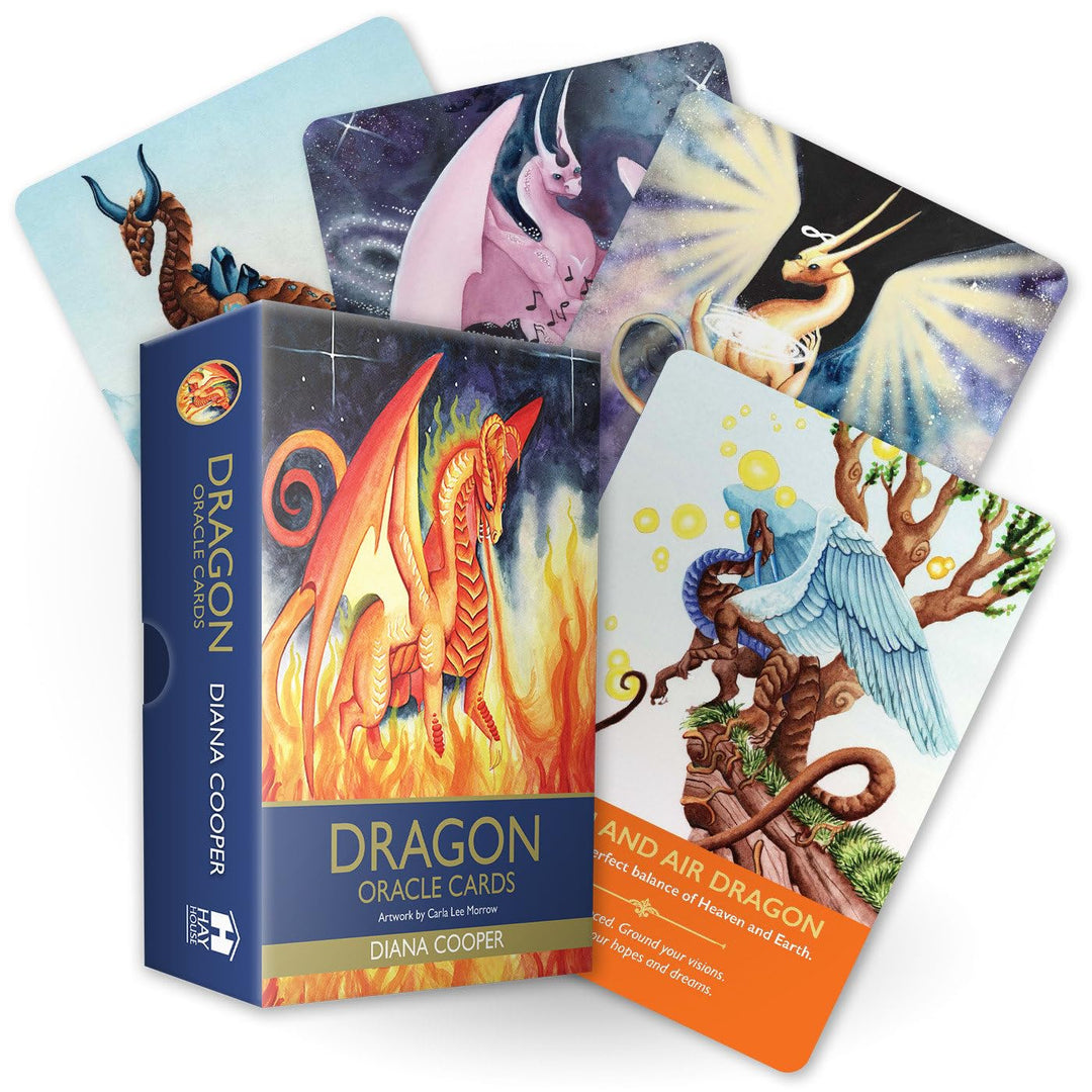 Dragon Oracle Cards by Diana Cooper box with four illustrated sample cards, including Earth and Air Dragon.