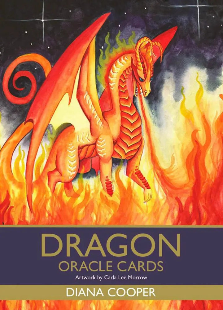Dragon Oracle Cards cover by Diana Cooper, featuring an orange dragon surrounded by flames, with artwork by Carla Lee Morrow.