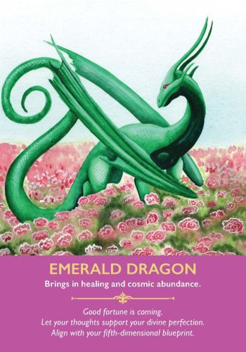 Emerald Dragon card from Diana Cooper’s Dragon Oracle Cards, showing a green dragon among pink roses.