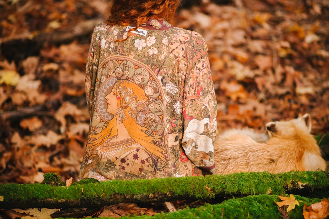 Dream Weaver Pixie Duster cropped kimono featuring Alphonse Mucha Zodiac art by Market of Stars