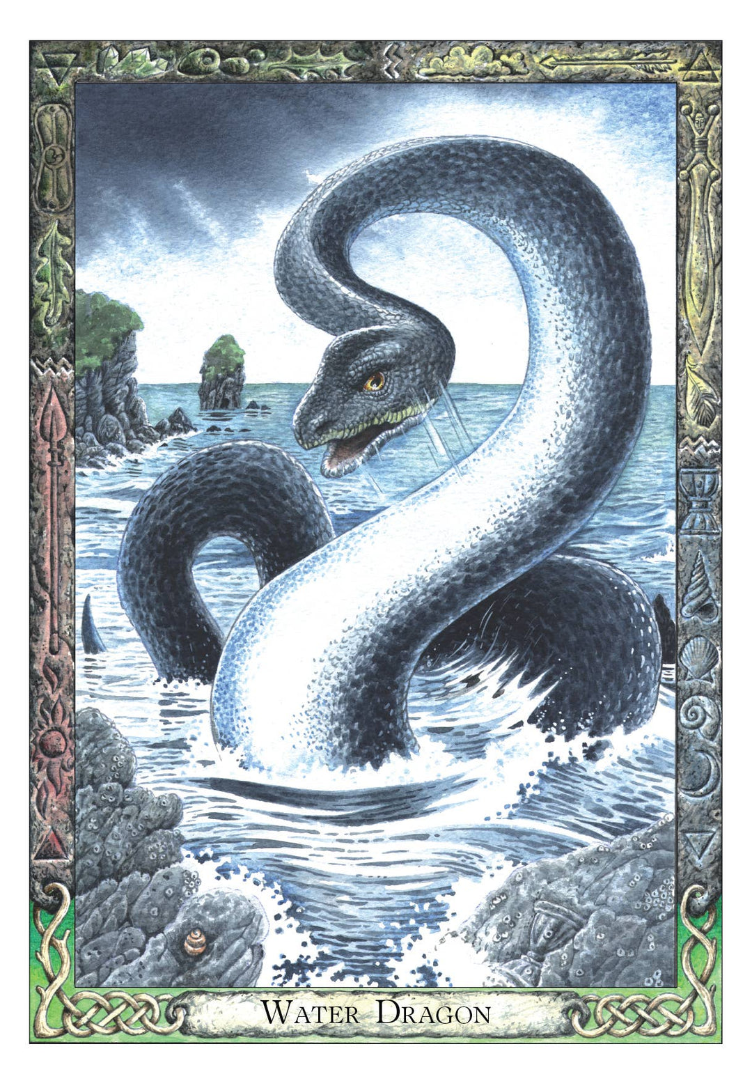 Druid Animal Oracle Water Dragon card — coiling sea serpent rising from ocean waves with Ogham and Celtic knotwork border