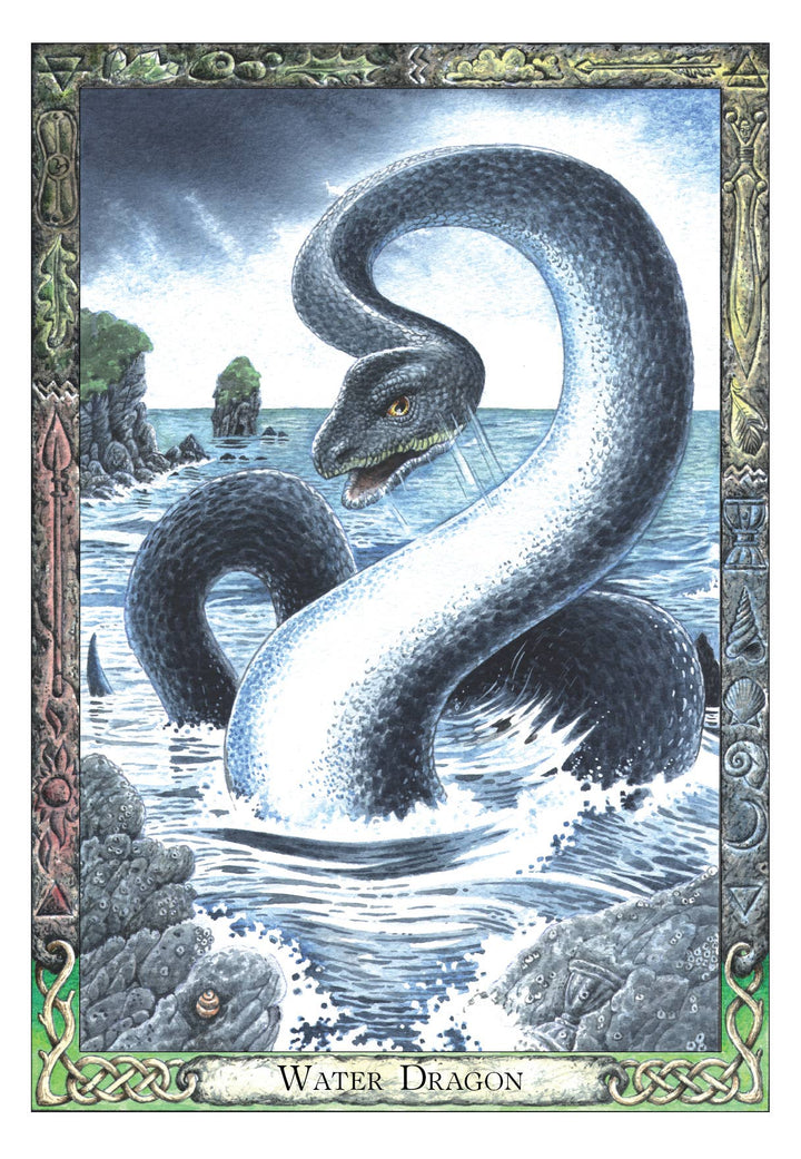 Druid Animal Oracle Water Dragon card — coiling sea serpent rising from ocean waves with Ogham and Celtic knotwork border