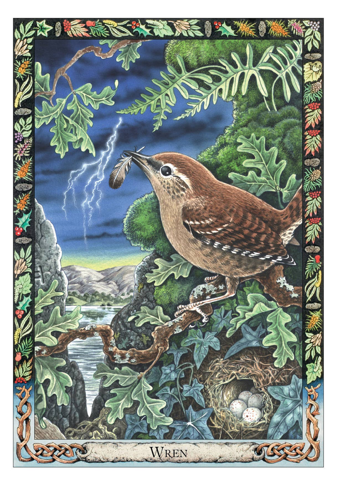 Druid Animal Oracle Wren card — wren carrying a feather in a stormy oak forest with lightning and nest, Celtic botanical border