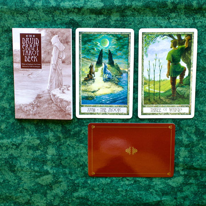 The Druidcraft Tarot deck guidebook with 3 full-color Celtic tarot cards fanned out by Philip Carr-Gomm and Will Worthington