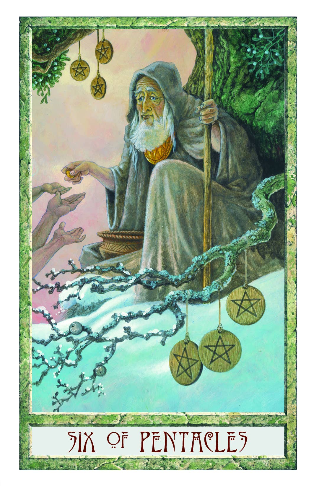 The Druidcraft Tarot — Six of Pentacles card featuring a hooded Druid elder offering a coin beneath a winter oak hung with pentacle discs