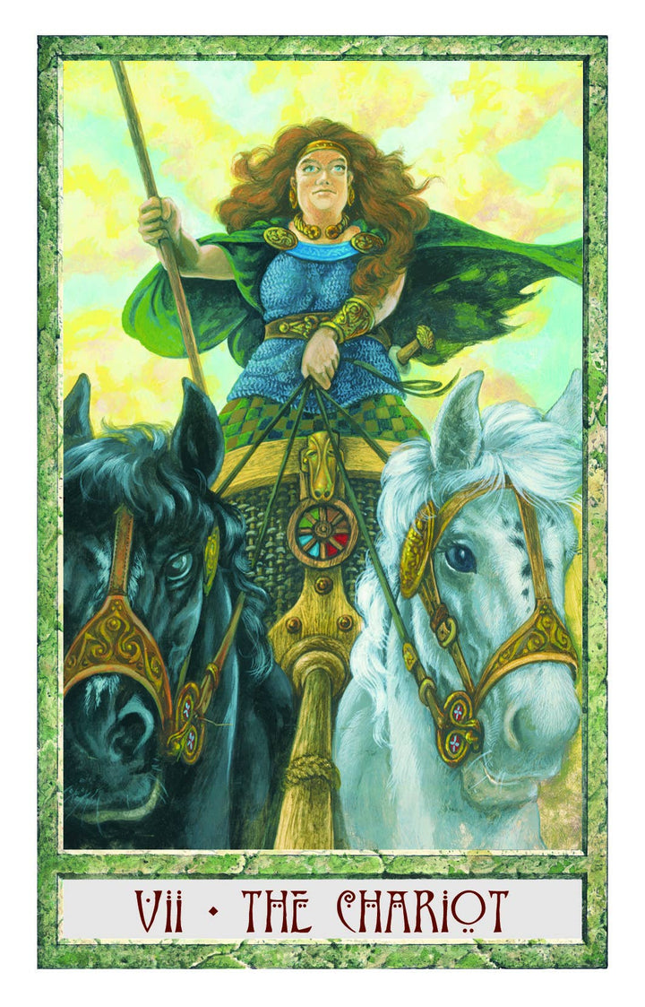 The Druidcraft Tarot — VII The Chariot card featuring a Celtic warrior woman driving a chariot pulled by a black and white horse