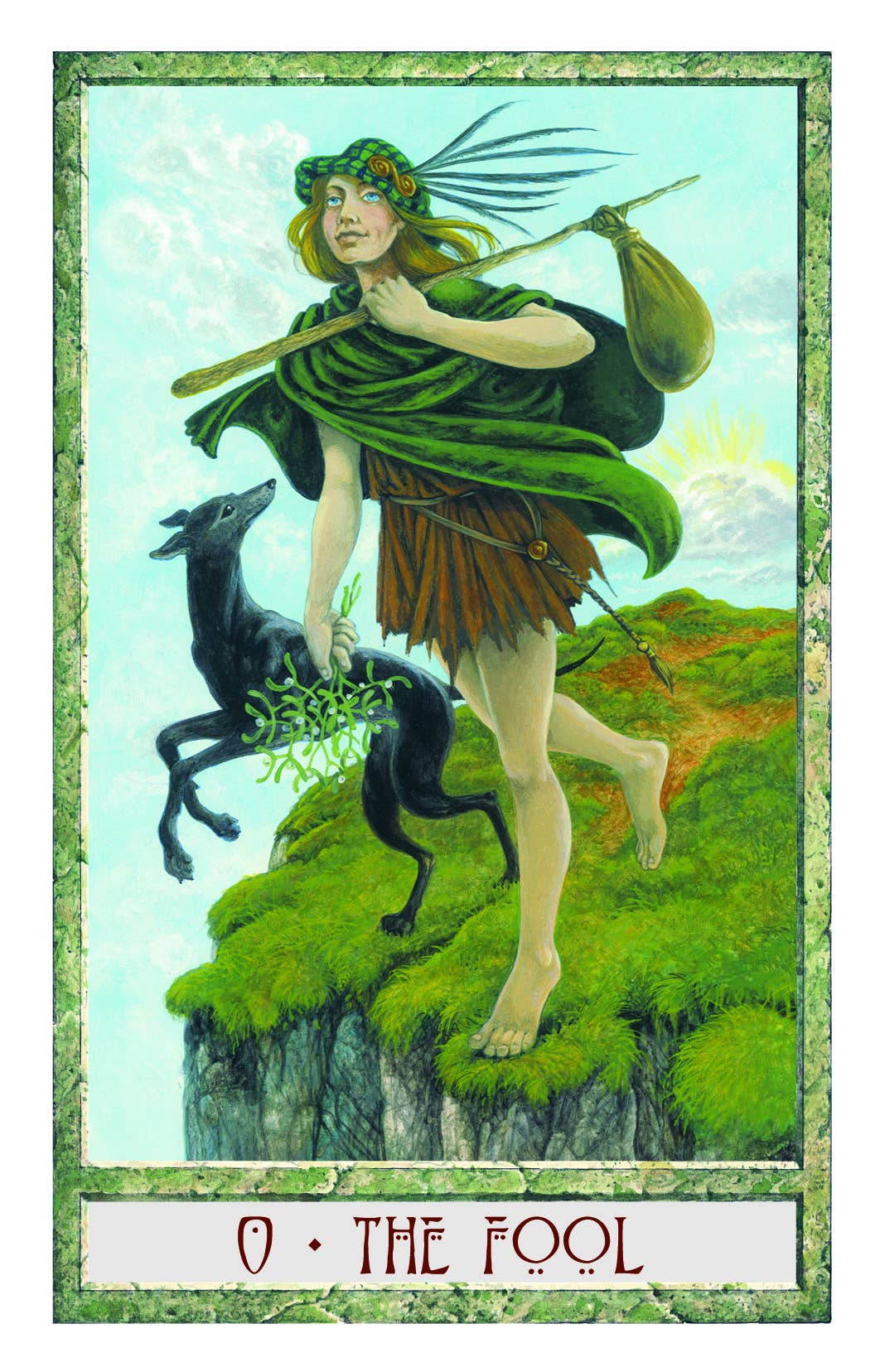 The Druidcraft Tarot — 0 The Fool card featuring a red-haired woman stepping off a mossy cliff with a black hound and mistletoe sprig