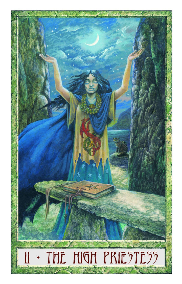 The Druidcraft Tarot — II The High Priestess card featuring a priestess raising her arms beneath a crescent moon between two standing stones with a grimoire and wildcat