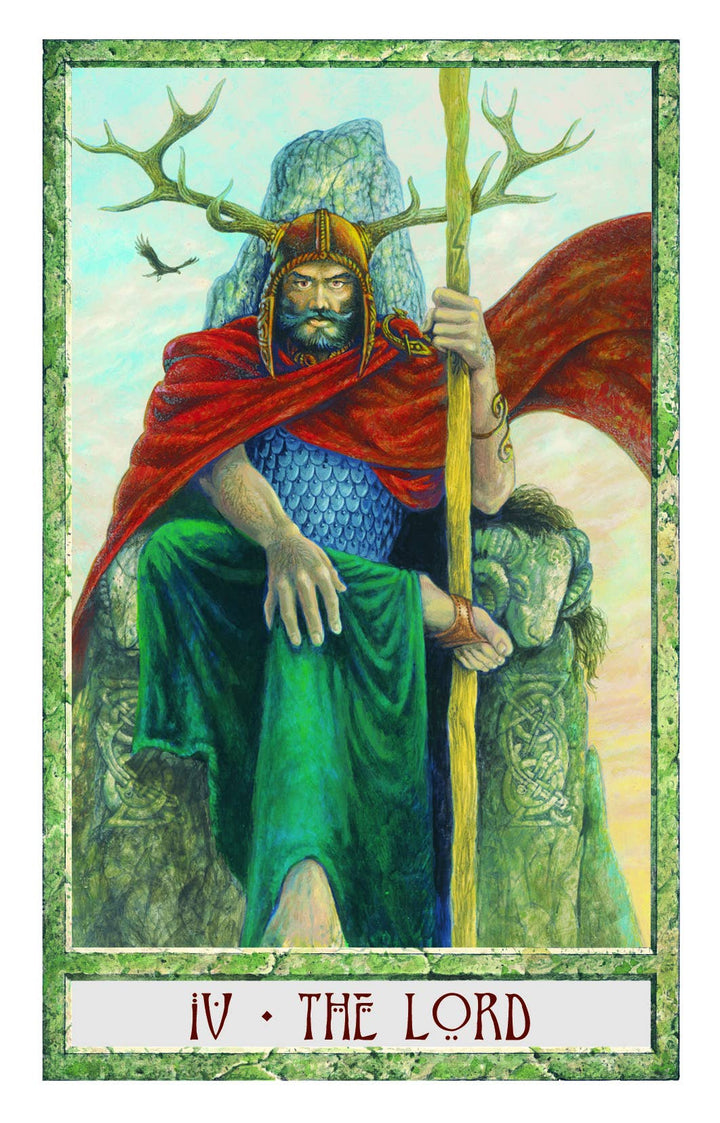 The Druidcraft Tarot — IV The Lord card featuring an antlered Celtic warrior king seated on a stone throne with a raven in flight