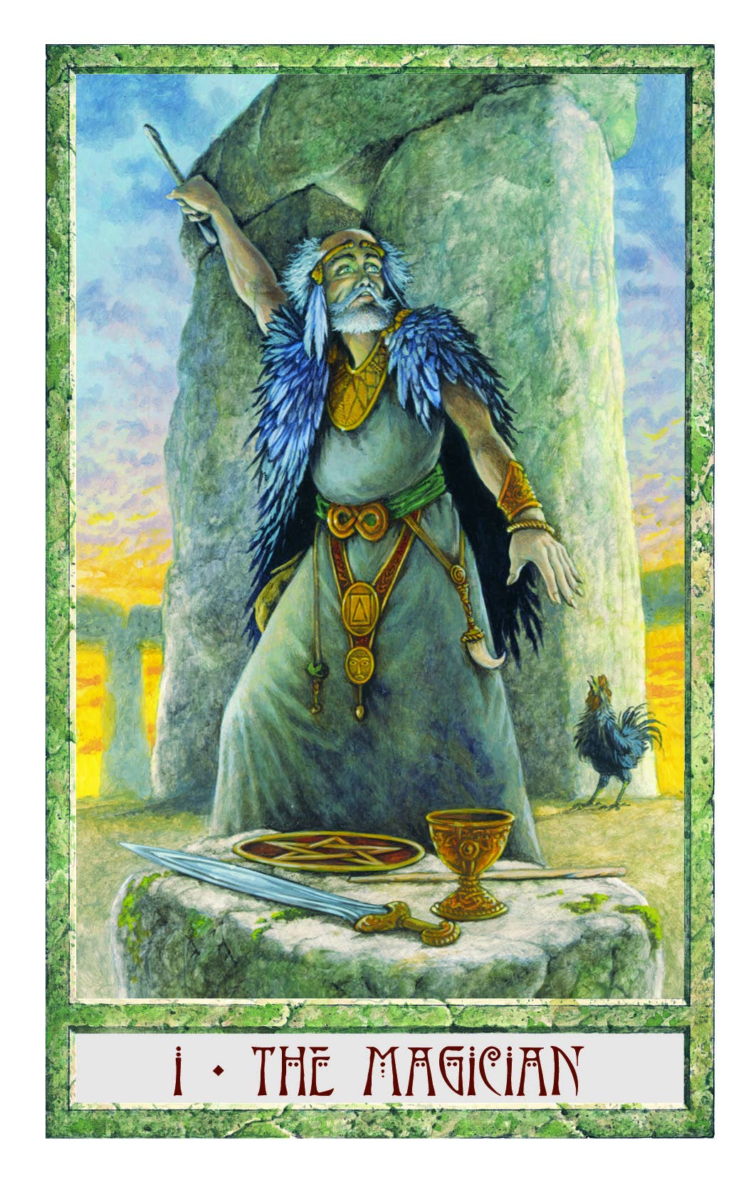 The Druidcraft Tarot — I The Magician card featuring a Druid magician at a standing stone altar with sword, cup, pentacle disc, and wand