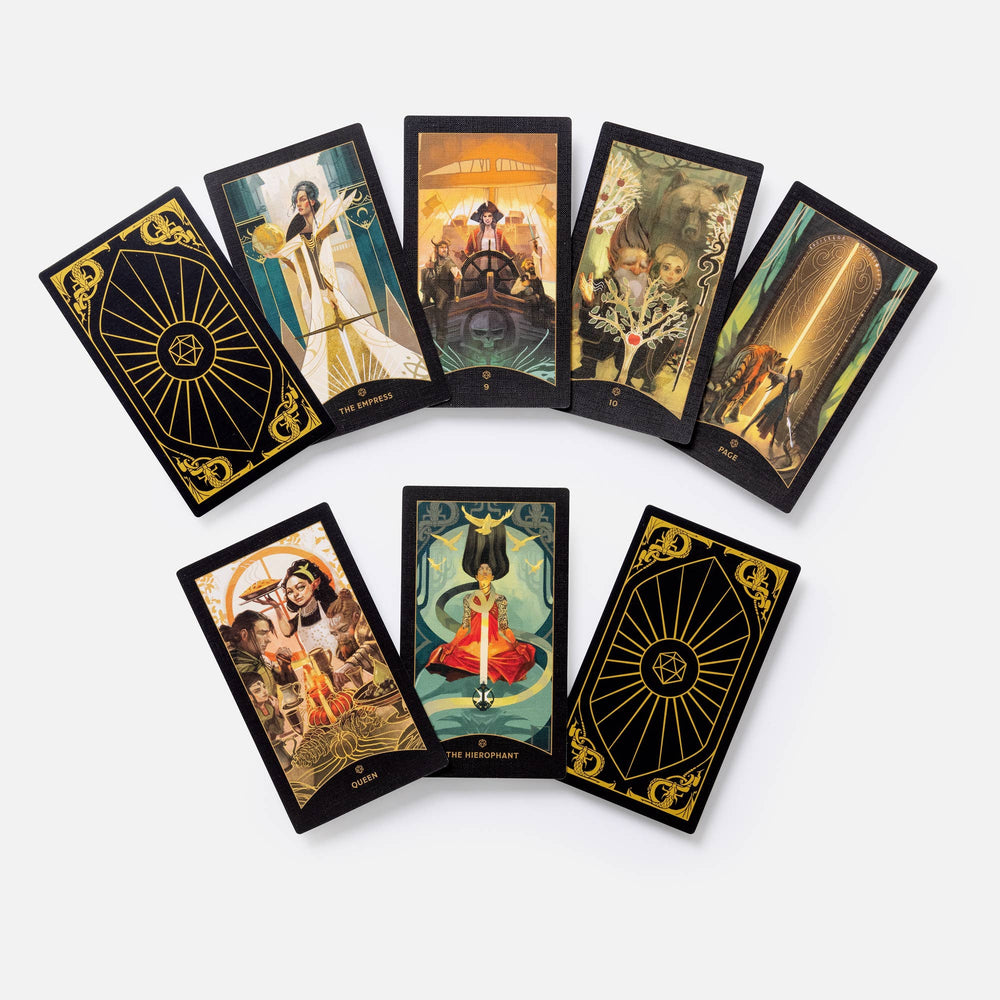Dungeons & Dragons tarot cards fanned out showing illustrated Major and Minor Arcana artwork