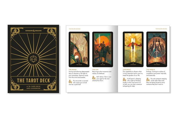 Dungeons &amp; Dragons Tarot Deck with cards spread and guidebook open showing card meanings and D&amp;D gameplay prompts