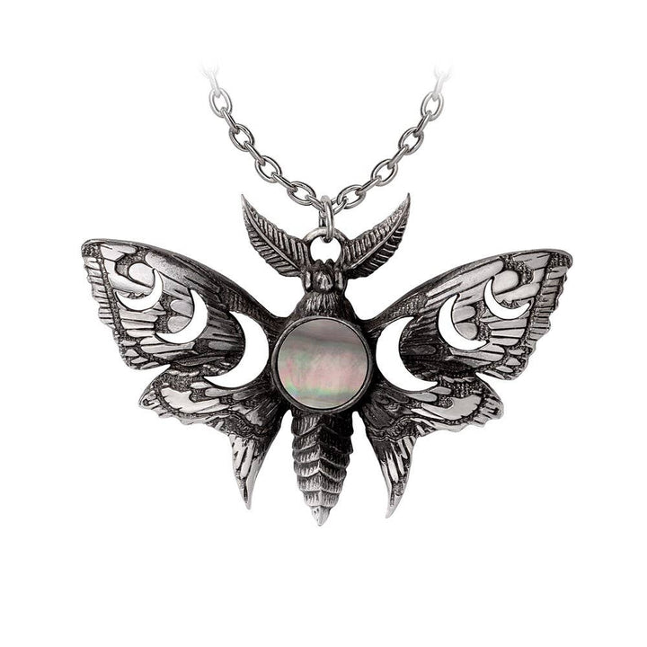 Lunar Moth Necklace - Moon Phase Pendant with Mother of Pearl in Pewter