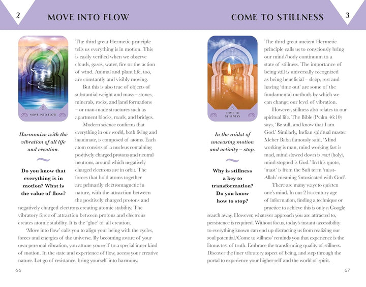 Egyptian Alchemy Oracle open guidebook interior — full-color Hermetic principles card interpretations by Steve Denham