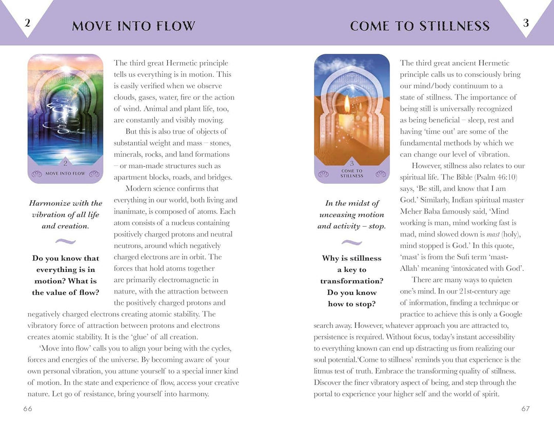 Open 128-page Egyptian Alchemy Oracle guidebook showing card interpretations and Hermetic principles