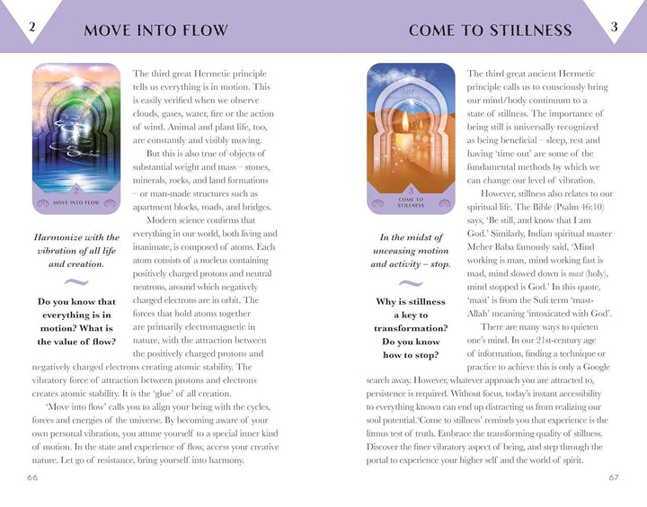 Open 128-page Egyptian Alchemy Oracle guidebook showing card interpretations and Hermetic principles