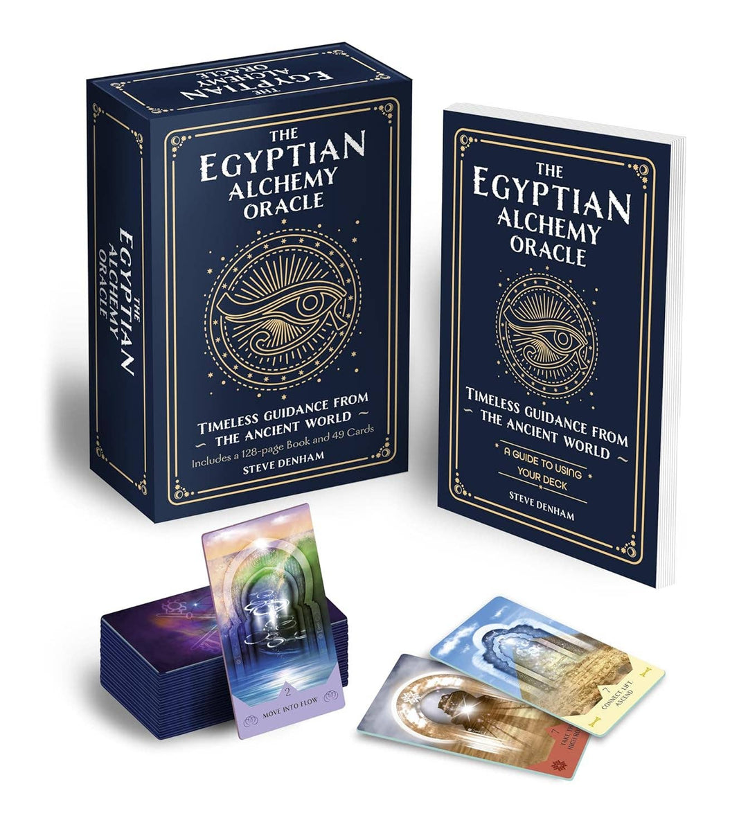 Egyptian Alchemy Oracle Kit open box showing 49 oracle cards and 128-page guidebook