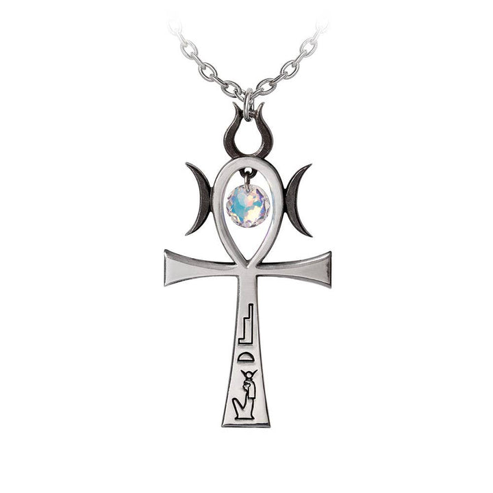 Egyptian Ankh necklace with hieroglyphics and Austrian crystal - Isis goddess pendant in hand-polished pewter by Alchemy of England