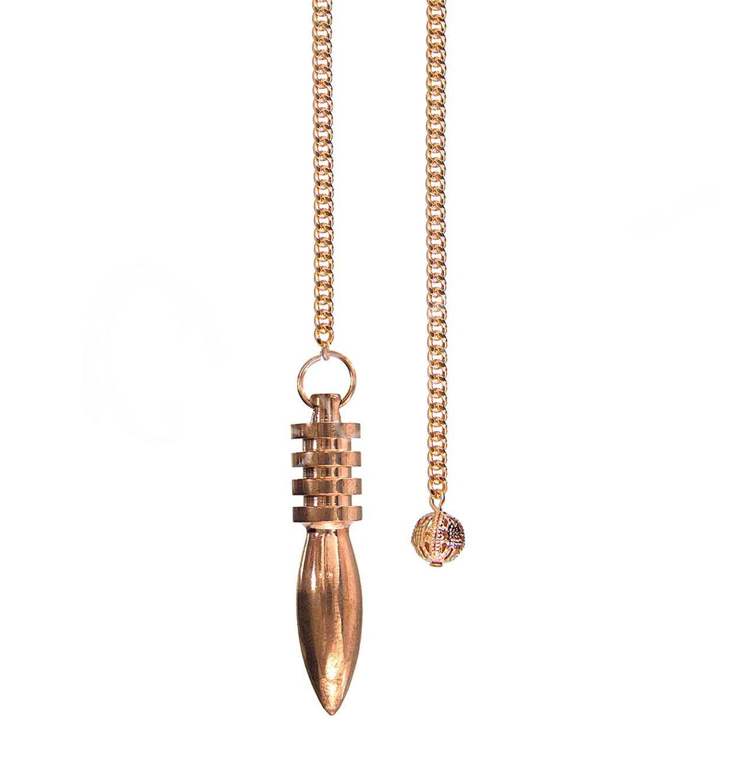 Egyptian copper divination pendulum with ridged bob and pointed tip, on a curb-link chain with bead grip, white background