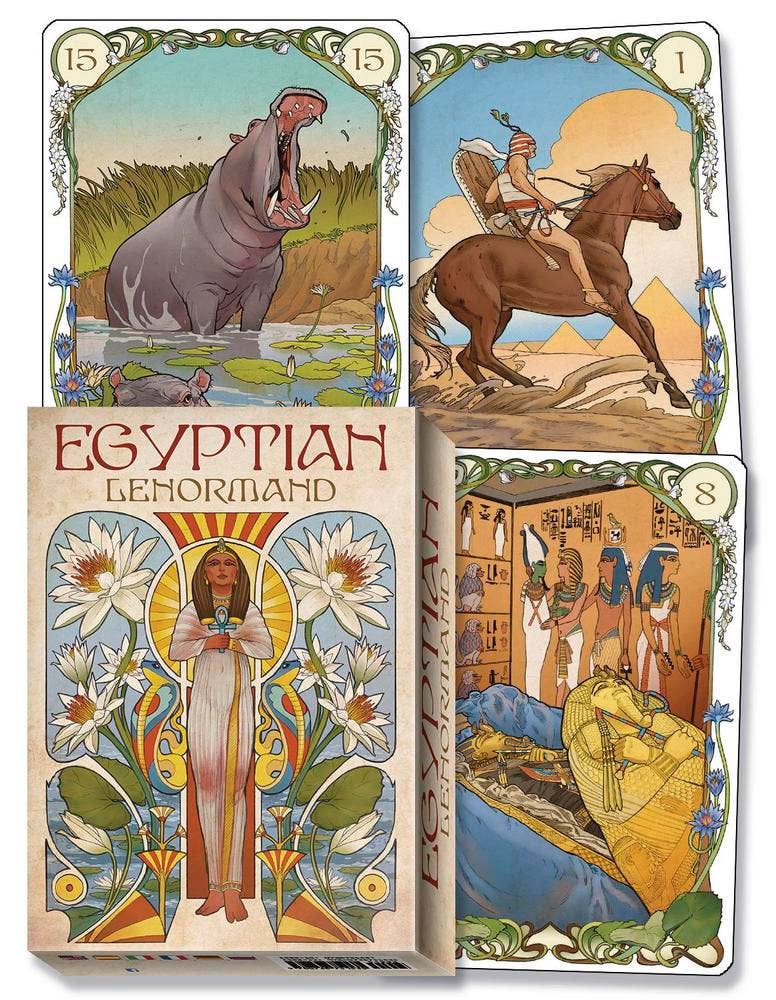 Egyptian Lenormand Oracle box and three Art Nouveau cards showing a hippopotamus, horseman by the pyramids, and an Egyptian tomb scene — 36-card deck by Lo Scarabeo