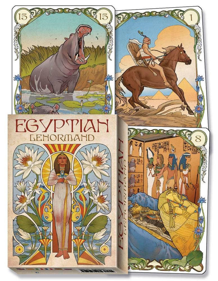 Egyptian Lenormand Oracle box and three Art Nouveau cards showing a hippopotamus, horseman by the pyramids, and an Egyptian tomb scene — 36-card deck by Lo Scarabeo