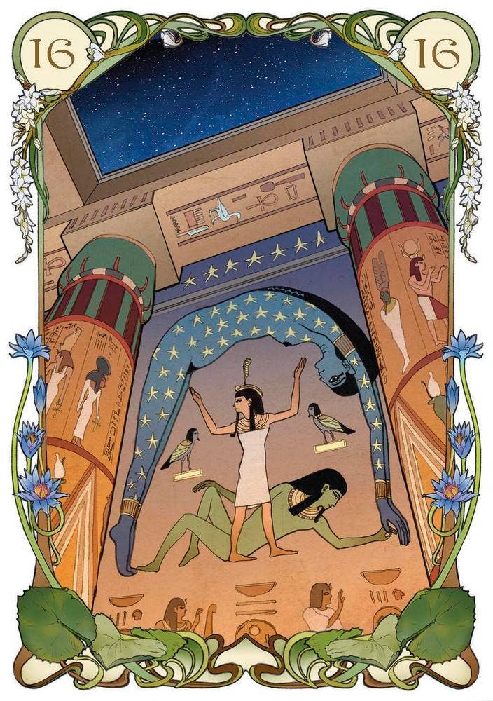 Card 16 from Egyptian Lenormand Oracle — Art Nouveau illustration of Egyptian goddess Nut as a starry sky and Maat within a temple archway