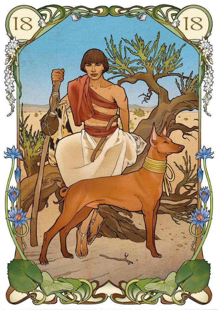 Card 18 from Egyptian Lenormand Oracle — Art Nouveau illustration of an Egyptian traveler with a Pharaoh hound in a desert landscape