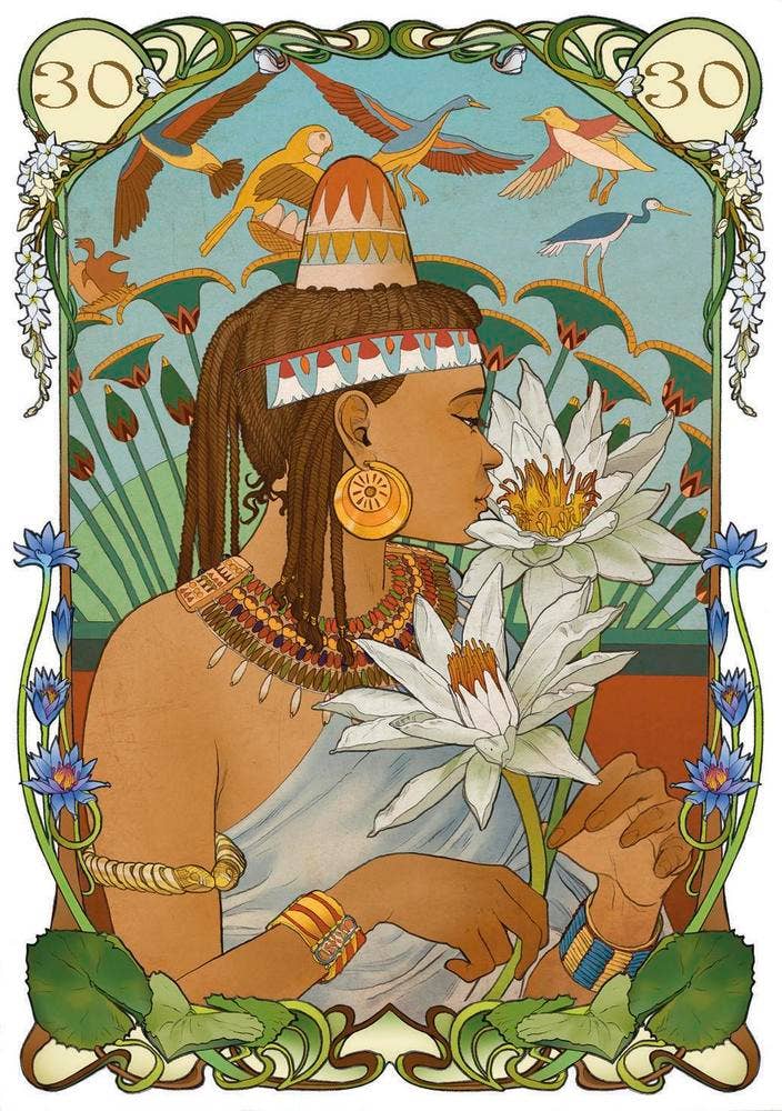 Card 30 from Egyptian Lenormand Oracle — Art Nouveau illustration of an Egyptian woman holding a white lotus flower surrounded by birds