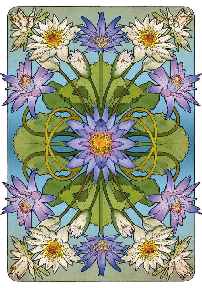Card back design from Egyptian Lenormand Oracle — symmetrical Art Nouveau lotus mandala in blue, purple, and white on a sky blue background