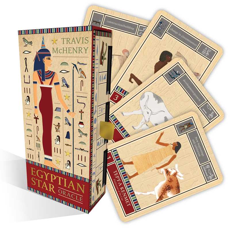 Egyptian Star Oracle complete set showing 42 gilded edge cards, 144-page guidebook, and Eye of Horus charm