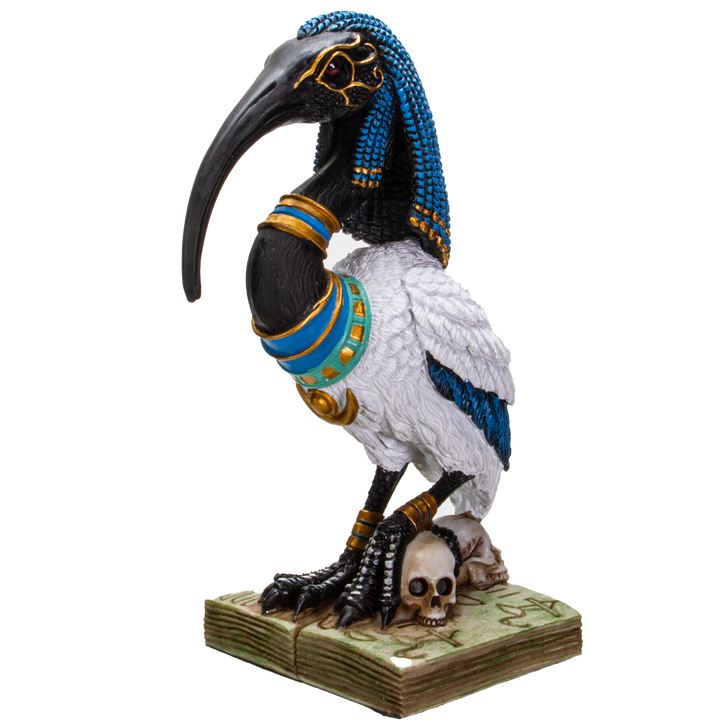Egyptian Thoth figurine front view — beautifully painted ibis-headed god of wisdom and magic, cold cast resin, 8 inches tall with skull  and book base