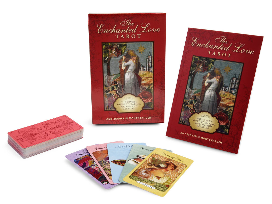 Enchanted Love Tarot cards spread showing fairy-tale tapestry collage artwork with guidebook