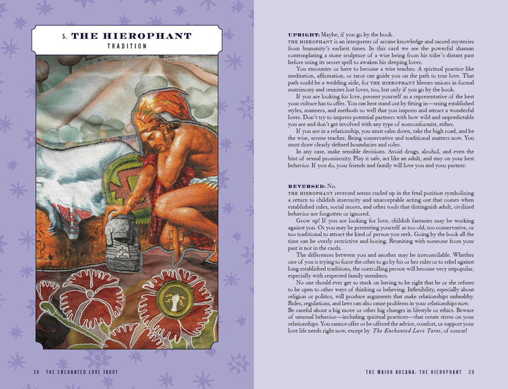 Enchanted Love Tarot sample cards featuring enchanted fantasy imagery for relationships. The Hierophant card guidebook page